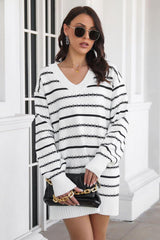 Striped V-Neck Sweater Dress - Trendsi
