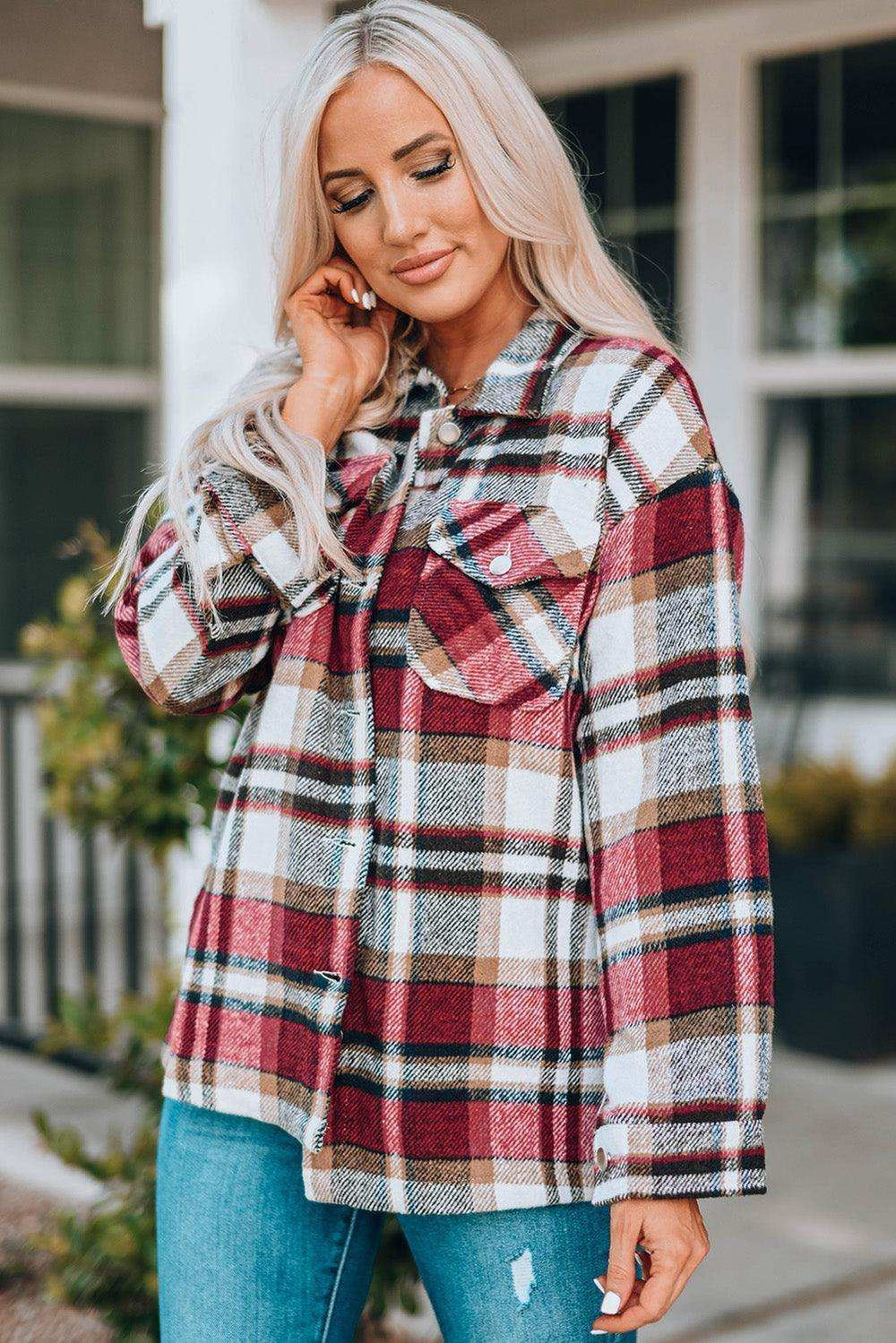Plaid Button Front Shirt Jacket with Breast Pockets - Trendsi - Flyclothing LLC