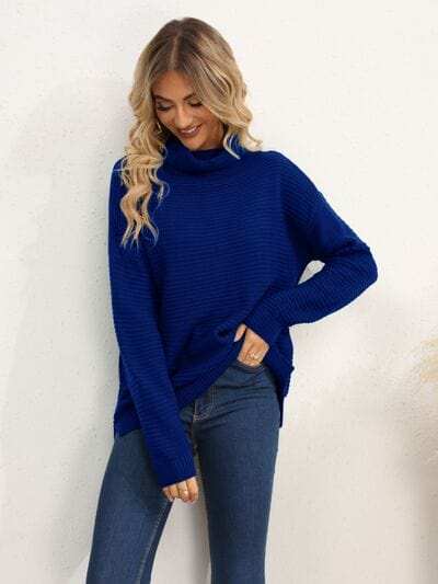 Slit Turtleneck Dropped Shoulder Sweater - Trendsi - Flyclothing LLC