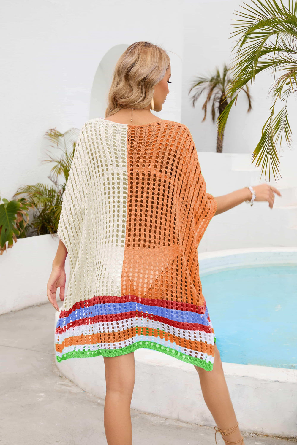 Contrast Scoop Neck Openwork Half Sleeve Cover Up - Trendsi - Flyclothing LLC