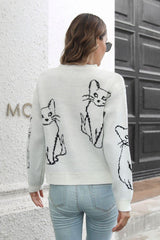 Cat Pattern Round Neck Long Sleeve Pullover Sweater - Trendsi