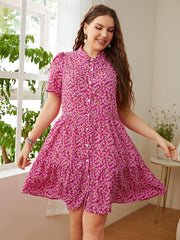 Plus Size Printed Short Sleeve Collared Dress - Trendsi