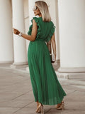 Tied Surplice Cap Sleeve Pleated Dress - Flyclothing LLC