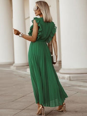 Tied Surplice Cap Sleeve Pleated Dress - Flyclothing LLC