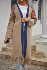 Geometric Fringe Hem Open Front Duster Cardigan - Trendsi - Flyclothing LLC