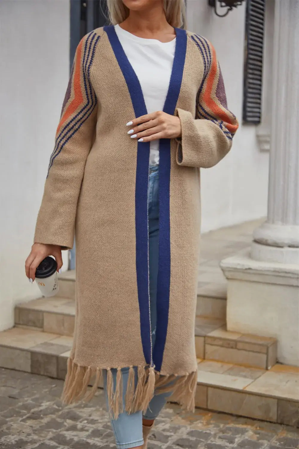 Geometric Fringe Hem Open Front Duster Cardigan - Trendsi - Flyclothing LLC
