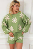 Flower Pattern Long Sleeve Sweater and Drawstring Shorts Set - Trendsi - Flyclothing LLC