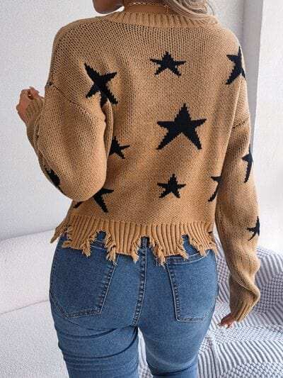 Star Pattern Distressed V-Neck Cropped Sweater - Trendsi - Flyclothing LLC