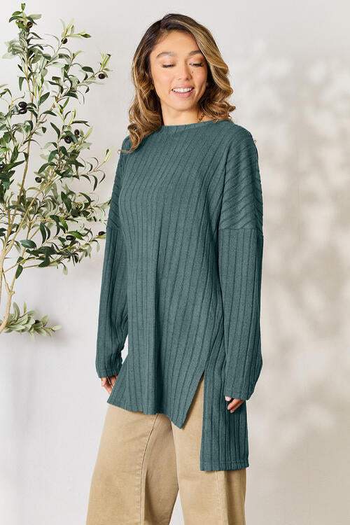 Basic Bae Full Size Ribbed Round Neck Long Sleeve Slit Top - Trendsi - Flyclothing LLC