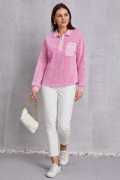 Quarter Button Dropped Shoulder Sweatshirt - Trendsi - Flyclothing LLC