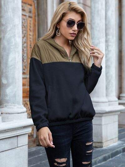 Pocketed Color Block Quarter Zip Hoodie - Trendsi - Flyclothing LLC