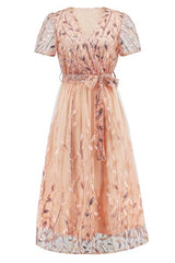 Sequin Leaf Embroidery Tie Front Short Sleeve Dress - Flyclothing LLC