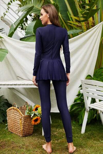Mock Neck Long Sleeve One-Piece Swimwear - Trendsi - Flyclothing LLC