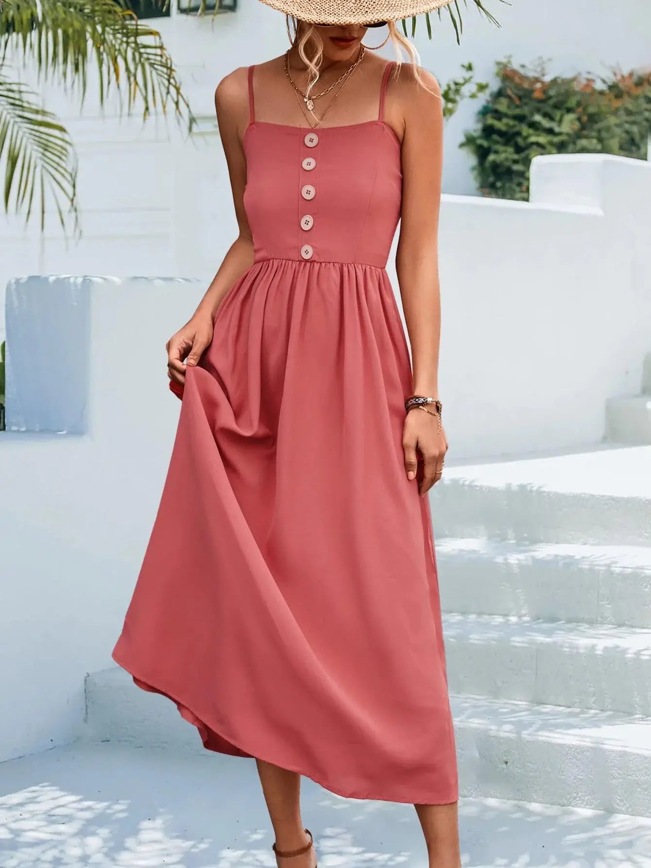 Decorative Button Spaghetti Strap Midi Dress - Trendsi - Flyclothing LLC