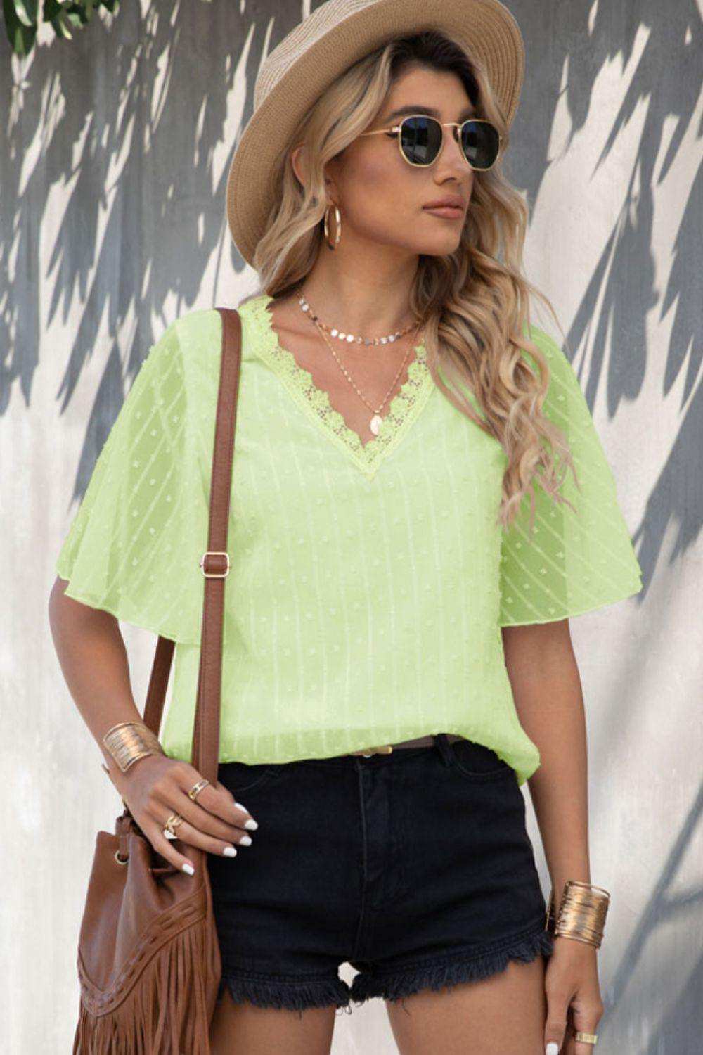 Swiss Dot Lace Trim Flutter Sleeve V-Neck Blouse - Trendsi - Flyclothing LLC
