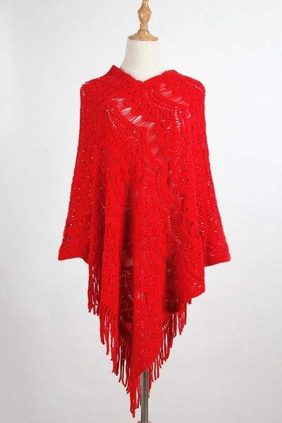 Fringe Openwork Surplice Cape Sleeve Poncho - Trendsi - Flyclothing LLC