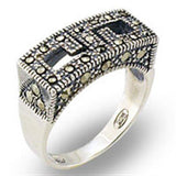 Alamode Antique Tone 925 Sterling Silver Ring with Semi-Precious Marcasite in Jet - Alamode