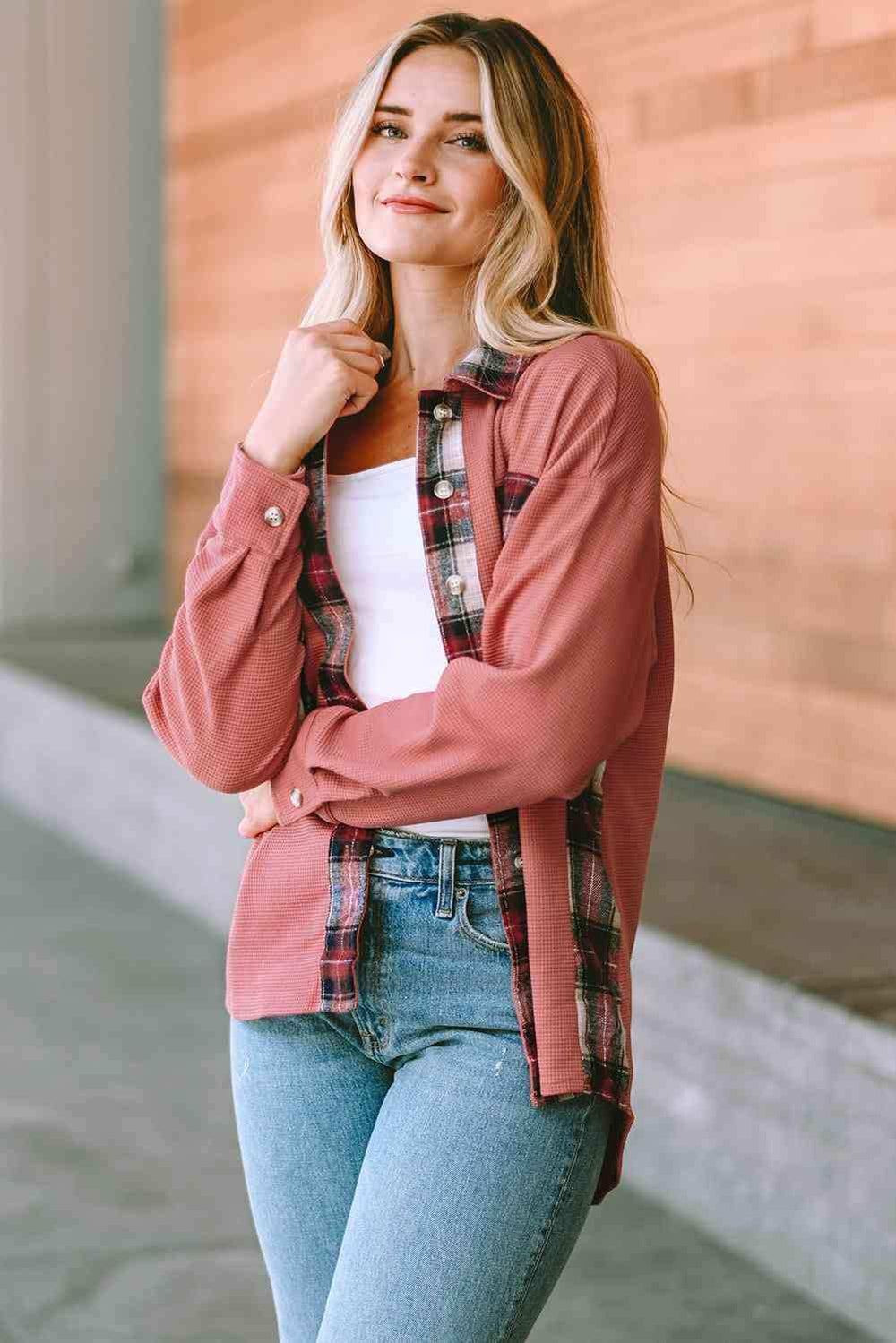 Plaid Button Down Collared Jacket - Trendsi - Flyclothing LLC