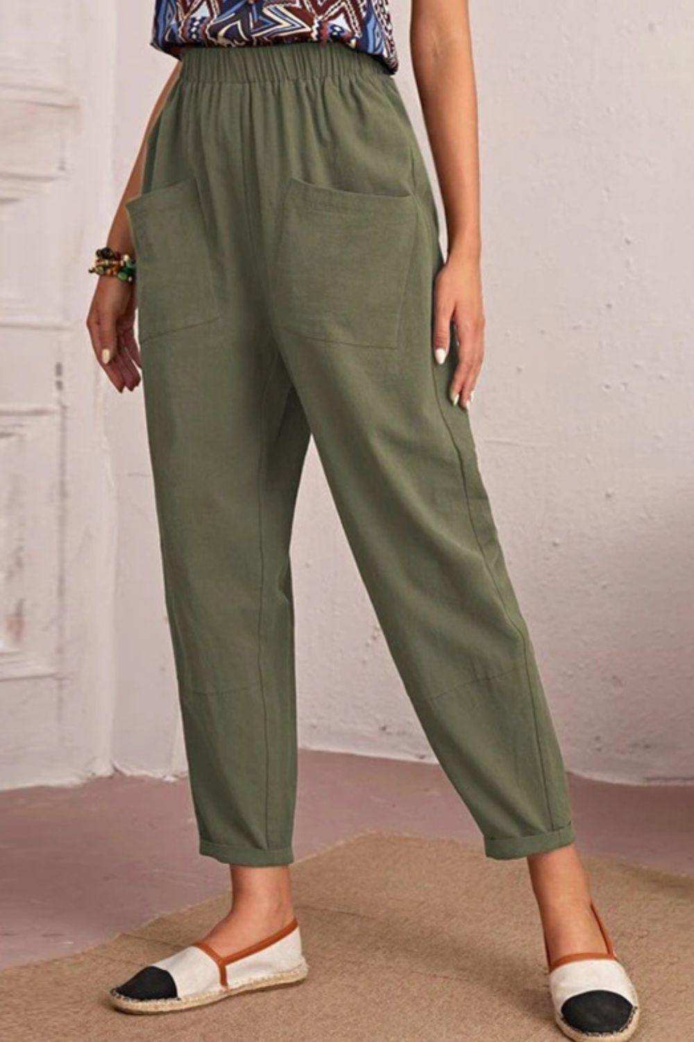 Elastic Waist Pocket Tapered Pants - Trendsi - Flyclothing LLC