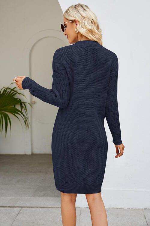 Cable-Knit Long Sleeve Sweater Dress - Trendsi - Flyclothing LLC