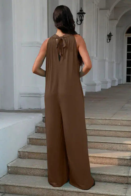 Double Take Full Size Tie Back Cutout Sleeveless Jumpsuit - Trendsi - Flyclothing LLC