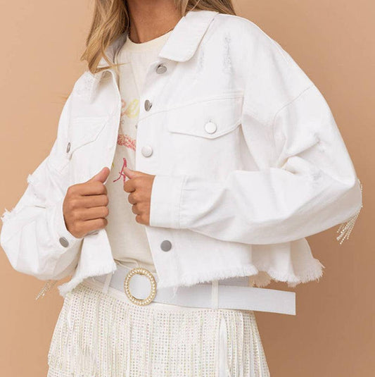 Distressed Raw Hem Dropped Shoulder Denim Jacket - Trendsi
