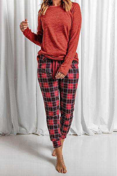 Round Neck Top and Drawstring Plaid Pants Lounge Set - Trendsi - Flyclothing LLC