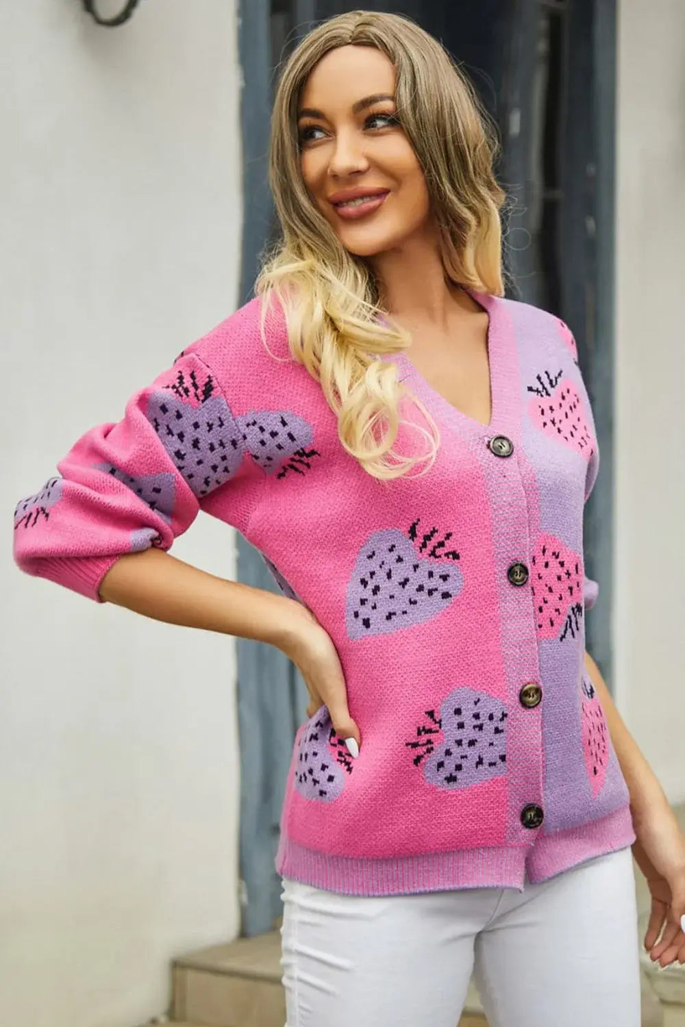 Printed V-Neck Button-Down Long Sleeve Cardigan - Trendsi - Flyclothing LLC