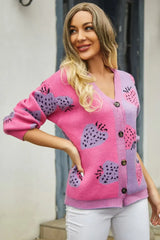 Printed V-Neck Button-Down Long Sleeve Cardigan - Trendsi - Flyclothing LLC