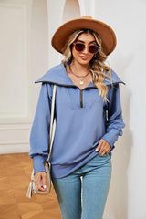Half-Zip Collared Sweatshirt - Trendsi