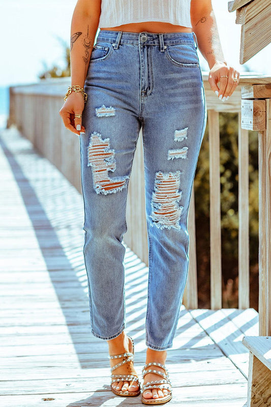 Distressed Ankle-Length Straight Leg Jeans - Flyclothing LLC