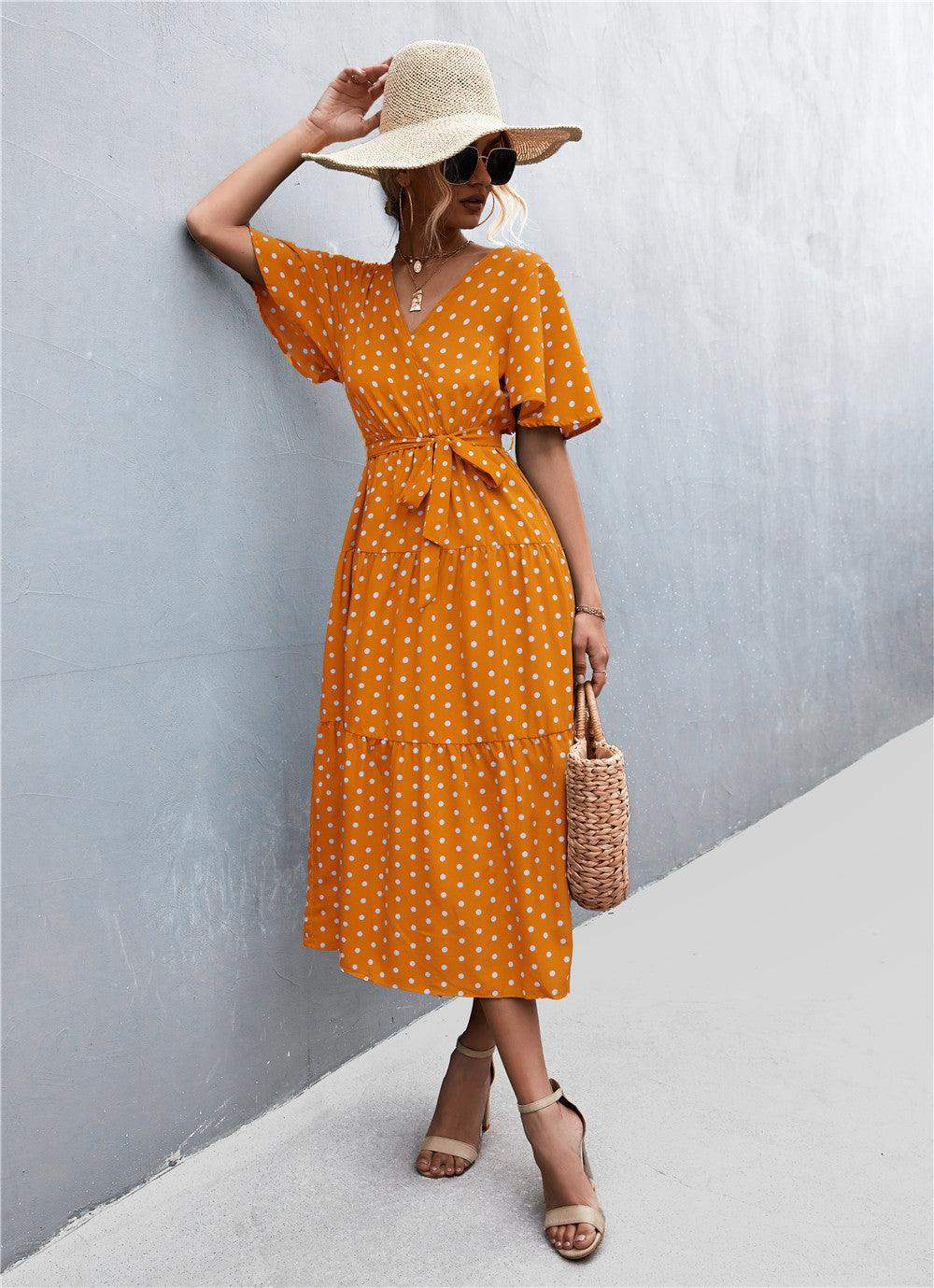 Printed V-Neck Flutter Sleeve Belted Dress - Trendsi - Flyclothing LLC