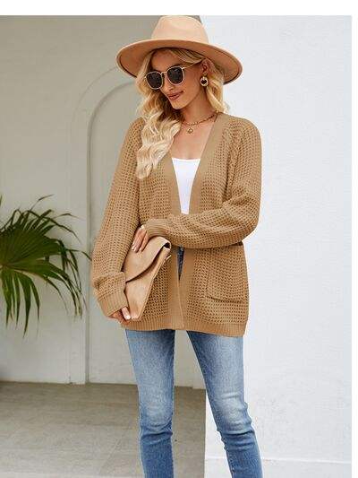 Open Front Raglan Sleeve Pocketed Cardigan - Trendsi - Flyclothing LLC
