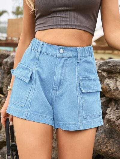 High Waist Denim Shorts with Pockets - Trendsi - Flyclothing LLC