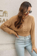 Cropped Mock Neck Cable Knit Pullover Sweater - Trendsi - Flyclothing LLC