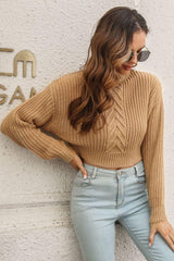 Cropped Mock Neck Cable Knit Pullover Sweater - Trendsi