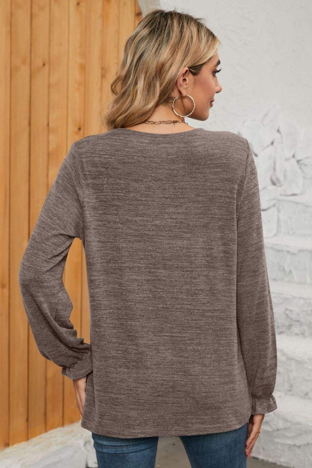 Ruched Round Neck Flounce Sleeve T-Shirt - Trendsi - Flyclothing LLC