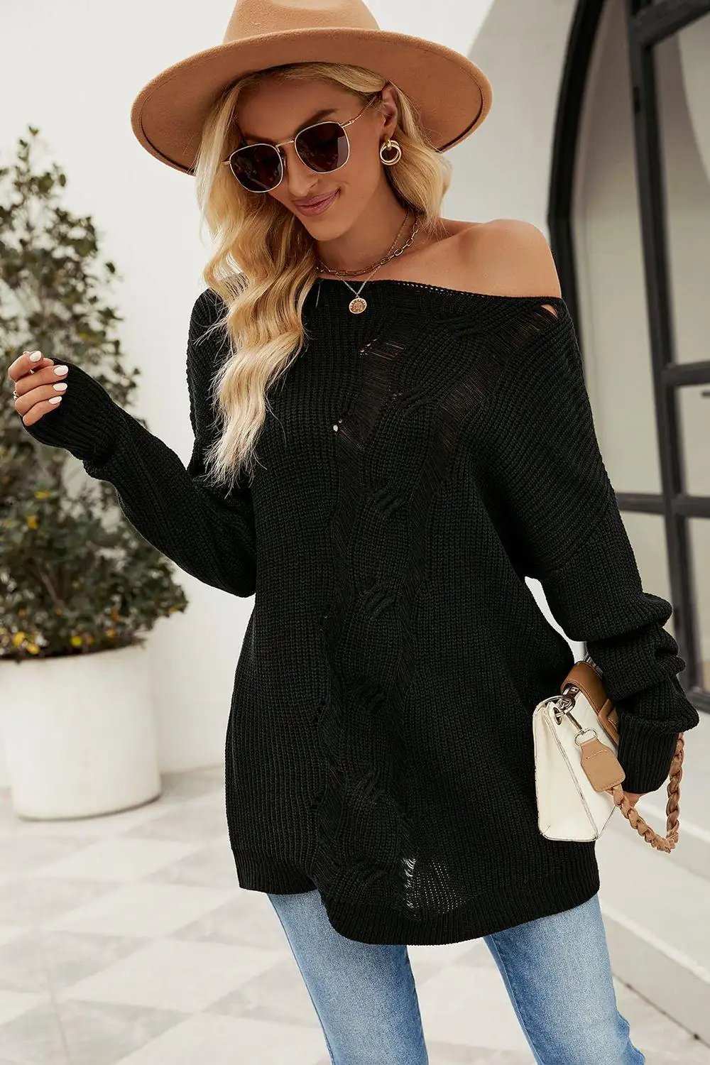 Boat Neck Dropped Shoulder Knit Top - Trendsi - Flyclothing LLC