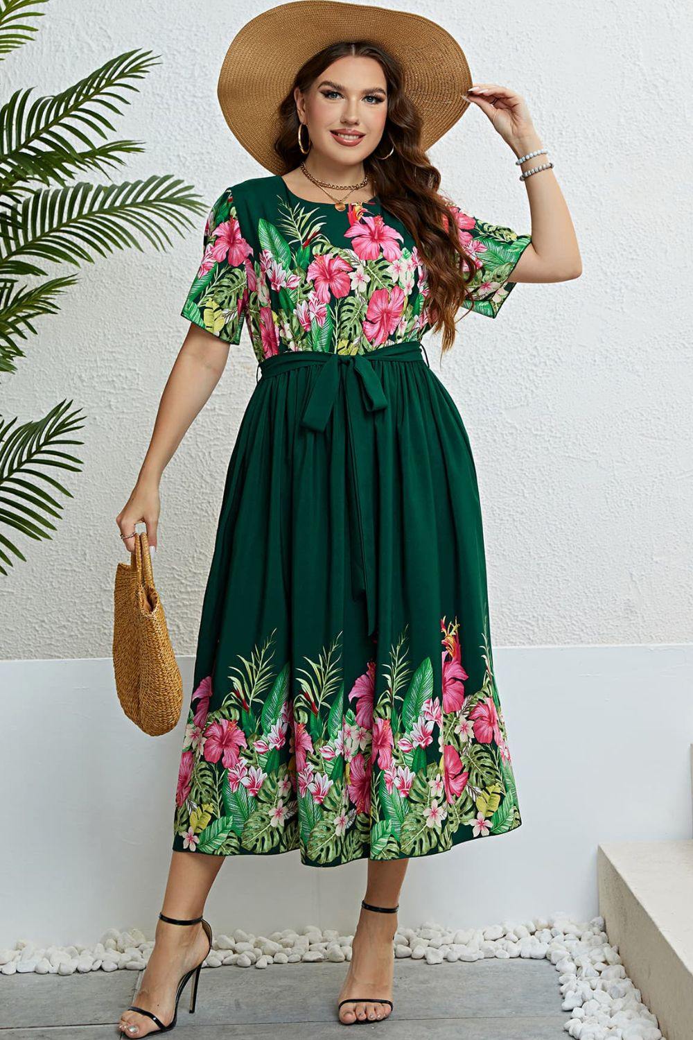 Floral Tie-Waist Round Neck Dress - Trendsi