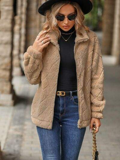 Fuzzy Pocketed Zip Up Jacket - Trendsi - Flyclothing LLC