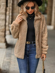 Fuzzy Pocketed Zip Up Jacket - Trendsi