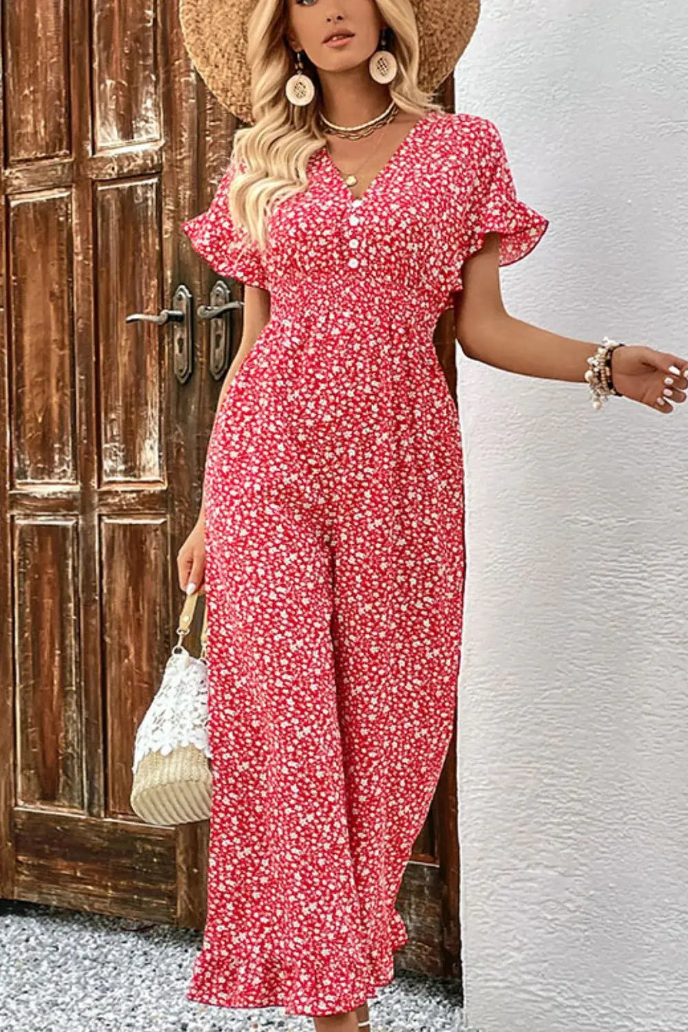 Printed Tie Back Ruffled Jumpsuit - Trendsi - Flyclothing LLC