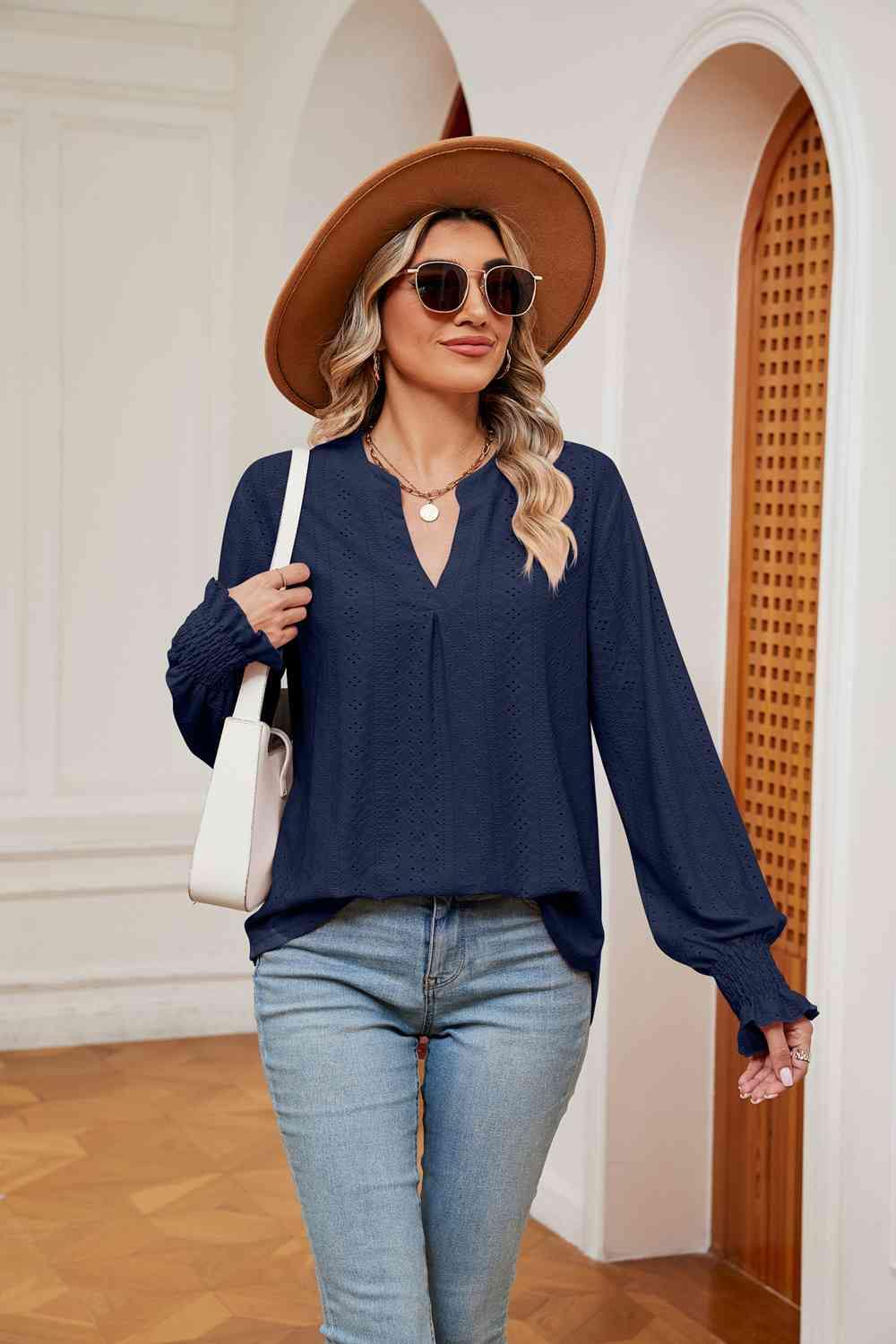 Notched Neck Flounce Sleeve Blouse - Trendsi
