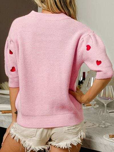 Heart Embroidered Dropped Shoulder Sweater - Trendsi - Flyclothing LLC