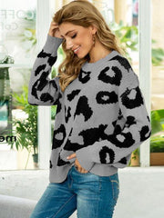 Drop Shoulder Leopard Pullover Sweater - Trendsi