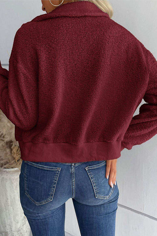 Zip-Up Sherpa Collared Neck Jacket with Pockets - Trendsi - Flyclothing LLC