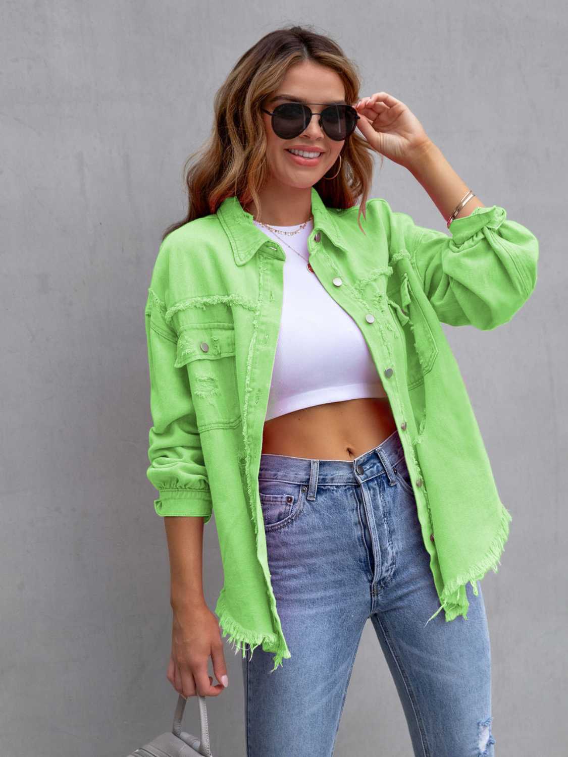 Distressed Drop Shoulder Denim Jacket - Trendsi - Flyclothing LLC