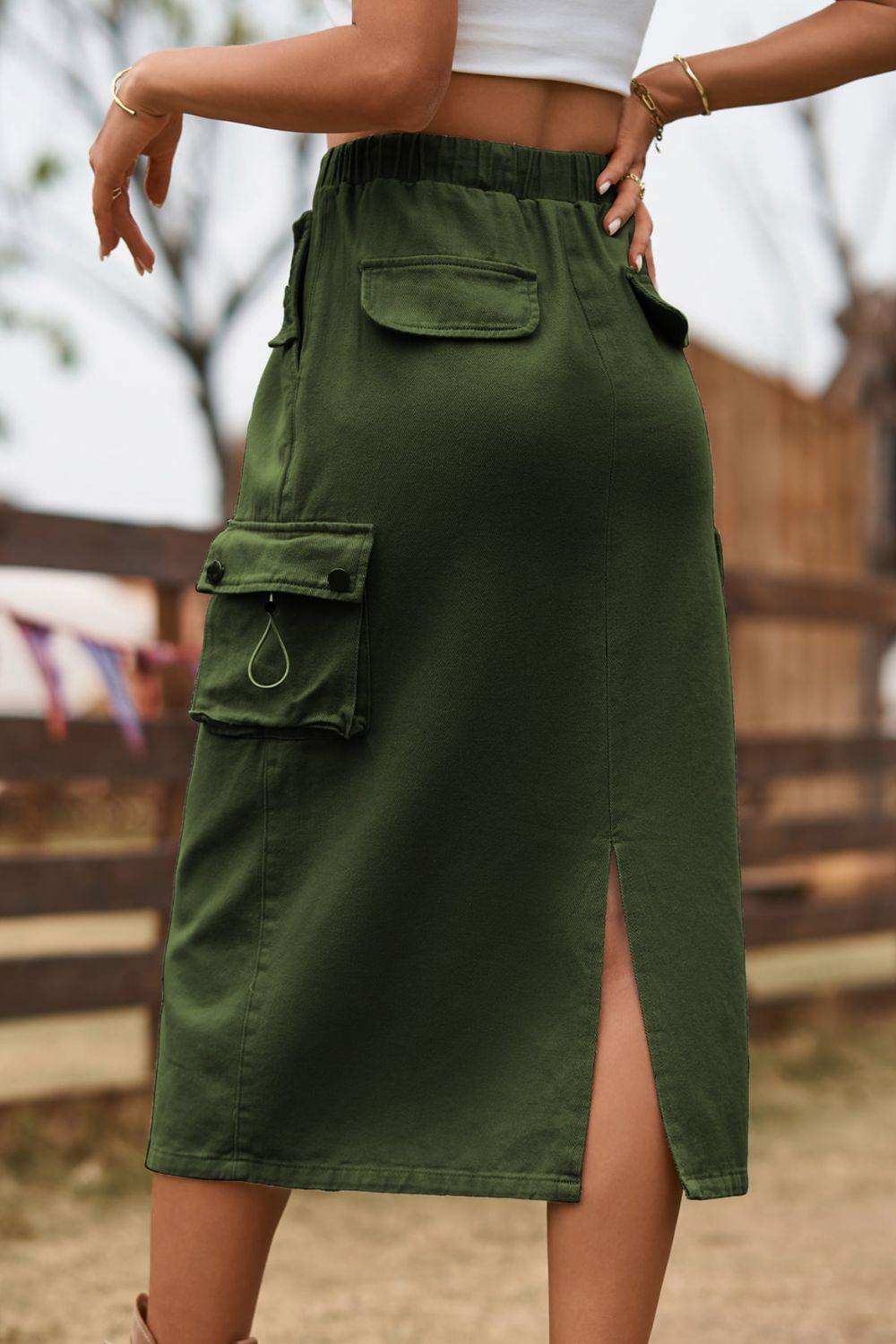 Drawstring Waist Slit Denim Skirt - Trendsi - Flyclothing LLC