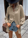 Notched Neck Balloon Sleeve Shirt - Trendsi - Flyclothing LLC