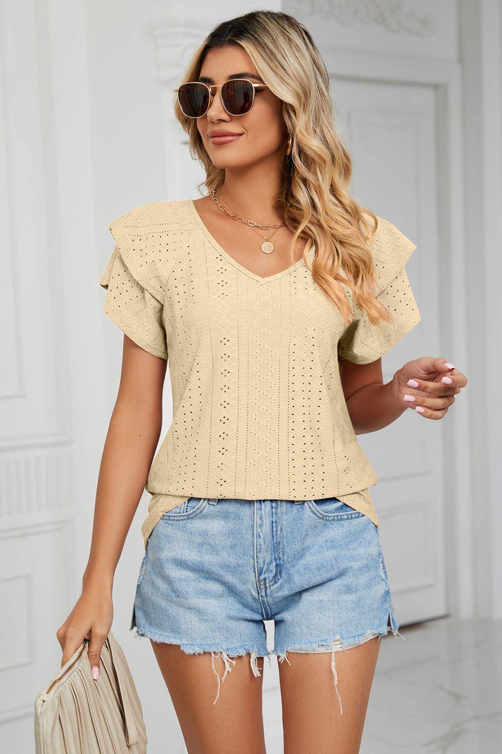 Eyelet Layered Flutter Sleeve V-Neck Knit Top - Trendsi